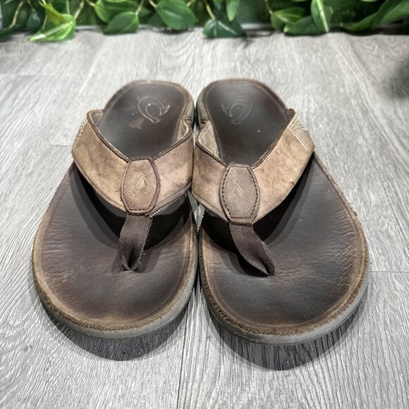 Olukai Men\'s Tuahine Leather Flip Flop Sandals Brown Size 11 Tropical Resort main image 9